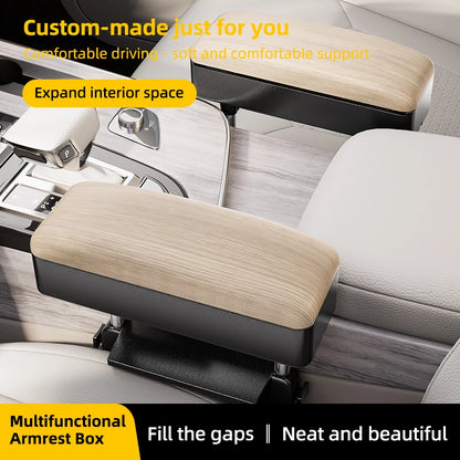 Accoudoir de siège auto - Boîte de rangement réglable pour voiture, en cuir PU motif bois, avec plaque de fixation ABS et piliers de support métalliques