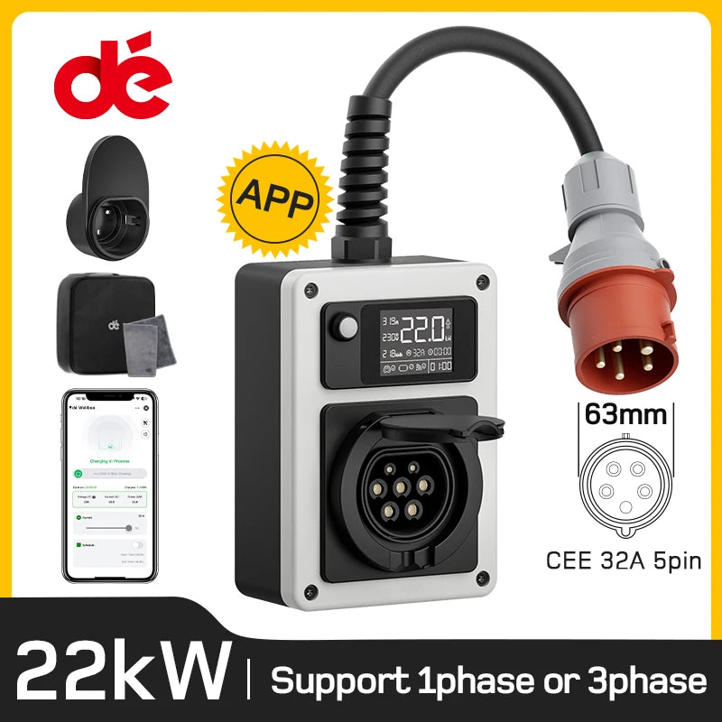 dé 22kW Wallbox mobile pour véhicule électrique, prise rouge CEE vers prise de type 2, station de charge pour véhicule électrique triphasé, 32A