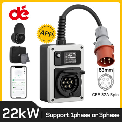 dé 22kW Wallbox mobile pour véhicule électrique, prise rouge CEE vers prise de type 2, station de charge pour véhicule électrique triphasé, 32A