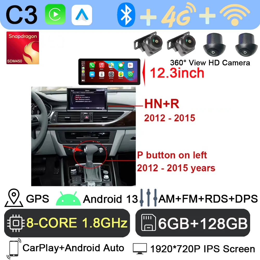 Android 13 sans fil Carplay 12.3 pouces pour Audi A6 C7 A7 2012-2018 autoradio multimédia Android Auto GPS 4G LTE DSP stéréo WiFi