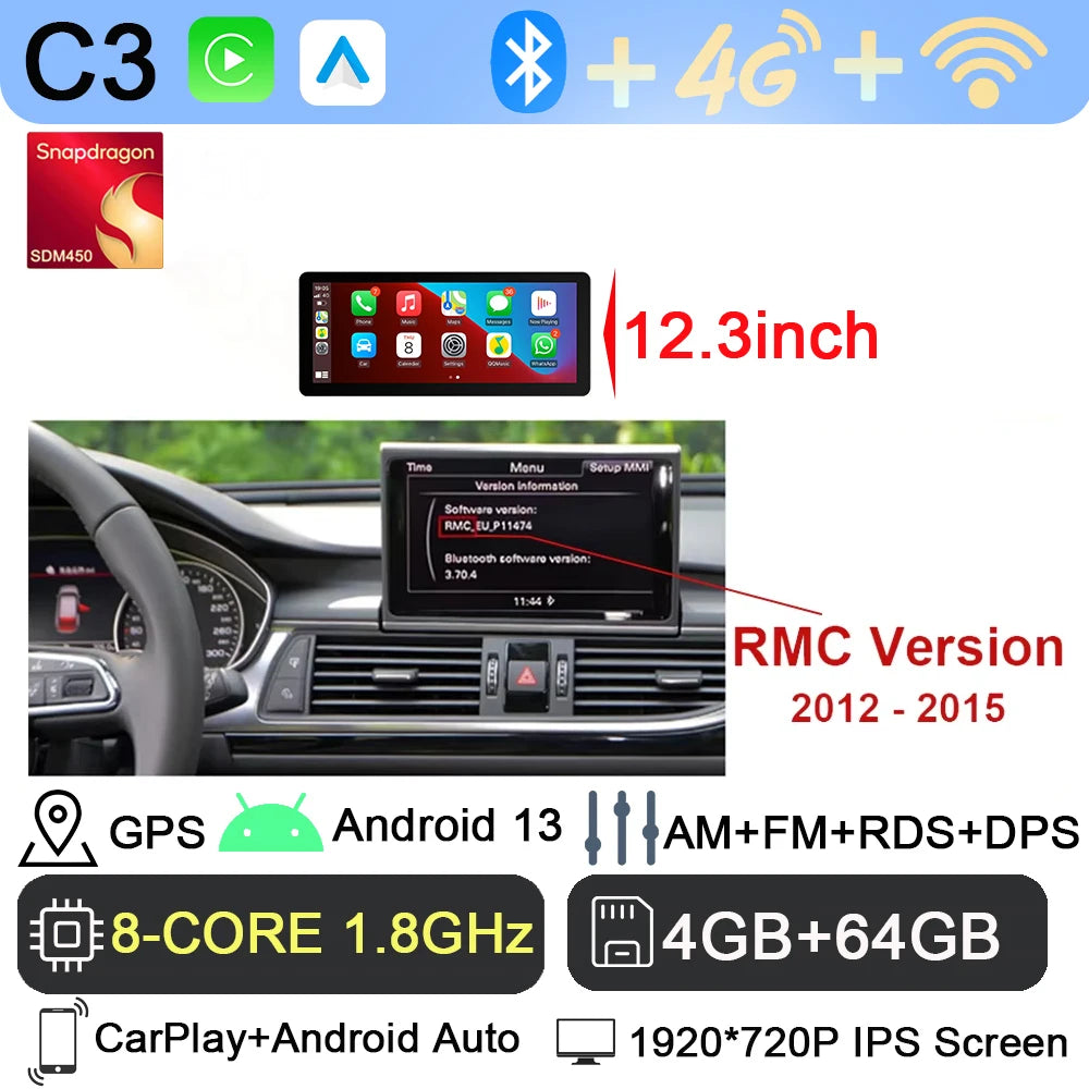 Android 13 sans fil Carplay 12.3 pouces pour Audi A6 C7 A7 2012-2018 autoradio multimédia Android Auto GPS 4G LTE DSP stéréo WiFi