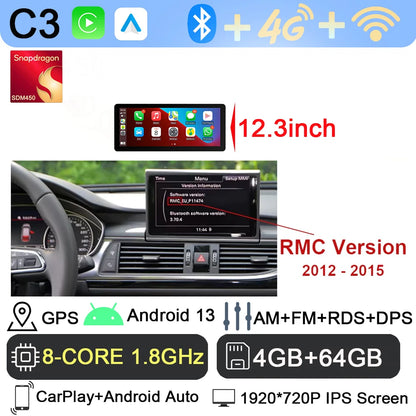 Android 13 sans fil Carplay 12.3 pouces pour Audi A6 C7 A7 2012-2018 autoradio multimédia Android Auto GPS 4G LTE DSP stéréo WiFi