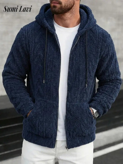 Sweat à capuche en polaire pour homme, vêtements de loisirs quotidiens, mode printemps 2026, couleur unie, veste à capuche en fourrure, cardigan décontracté en tricot ample pour homme