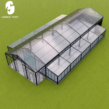 Tente de réception de luxe commerciale en aluminium et verre pour événements extérieurs, chapiteau, atrium, pour 200 à 500 personnes