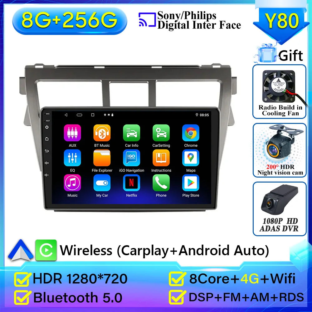 Pour Toyota VIOS Yaris 2007 2008 2009-2012 autoradio Android 15 Navigation vidéo GPS Android Auto Android 15 Carplay unité No 2din
