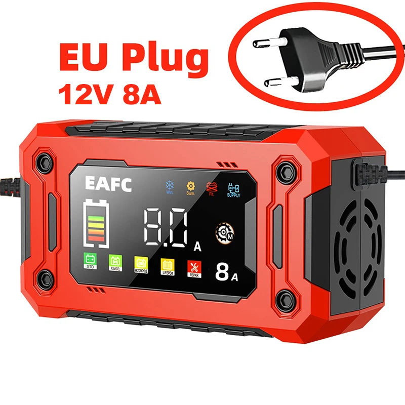 Le plus récent chargeur de batterie de voiture 12V 15A/8A réparation d'impulsions grand écran chargeur intelligent pour voiture moto plomb acide AGM GEL Batteries