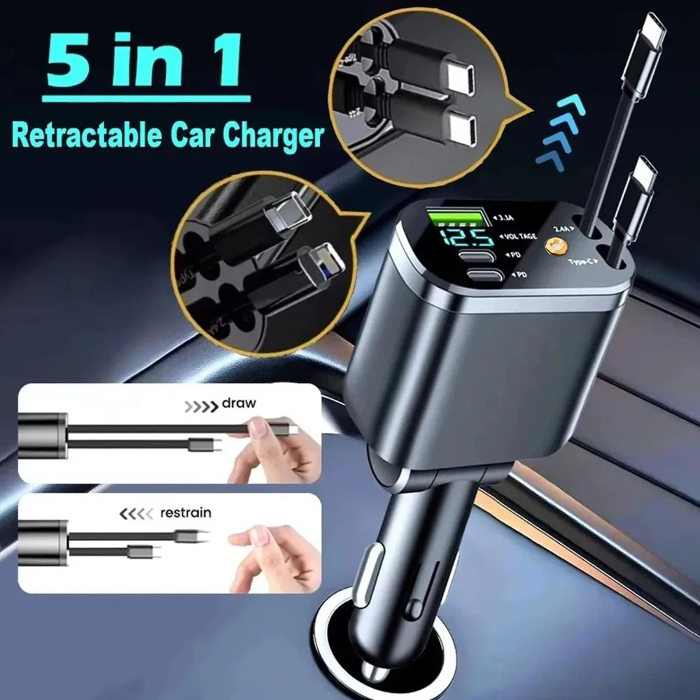 Chargeur de voiture rétractable 5 en 1, 120W, avec lumière étoilée, adaptateur allume-cigare Super rapide pour iPhone Huawei Samsung