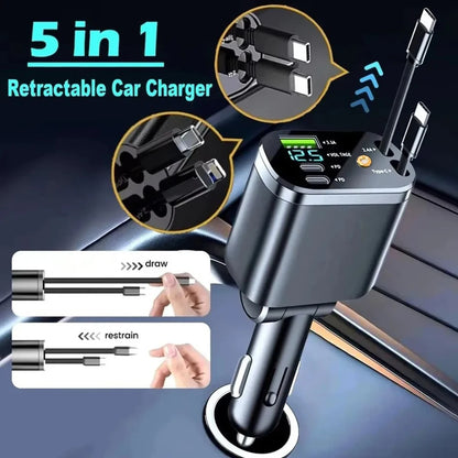 Chargeur de voiture rétractable 5 en 1, 120W, avec lumière étoilée, adaptateur allume-cigare Super rapide pour iPhone Huawei Samsung