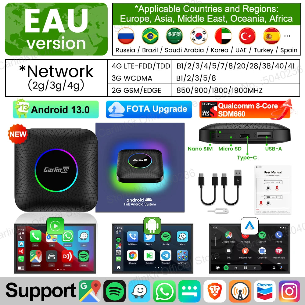 Carlinkit-Smart CarPlay Ai Box, Android 13, Qualcomm SM6225 2026 , 8 cœurs, sans fil, Auto et CarPlay, GPS, Prometteur, 8G + 128G, 660