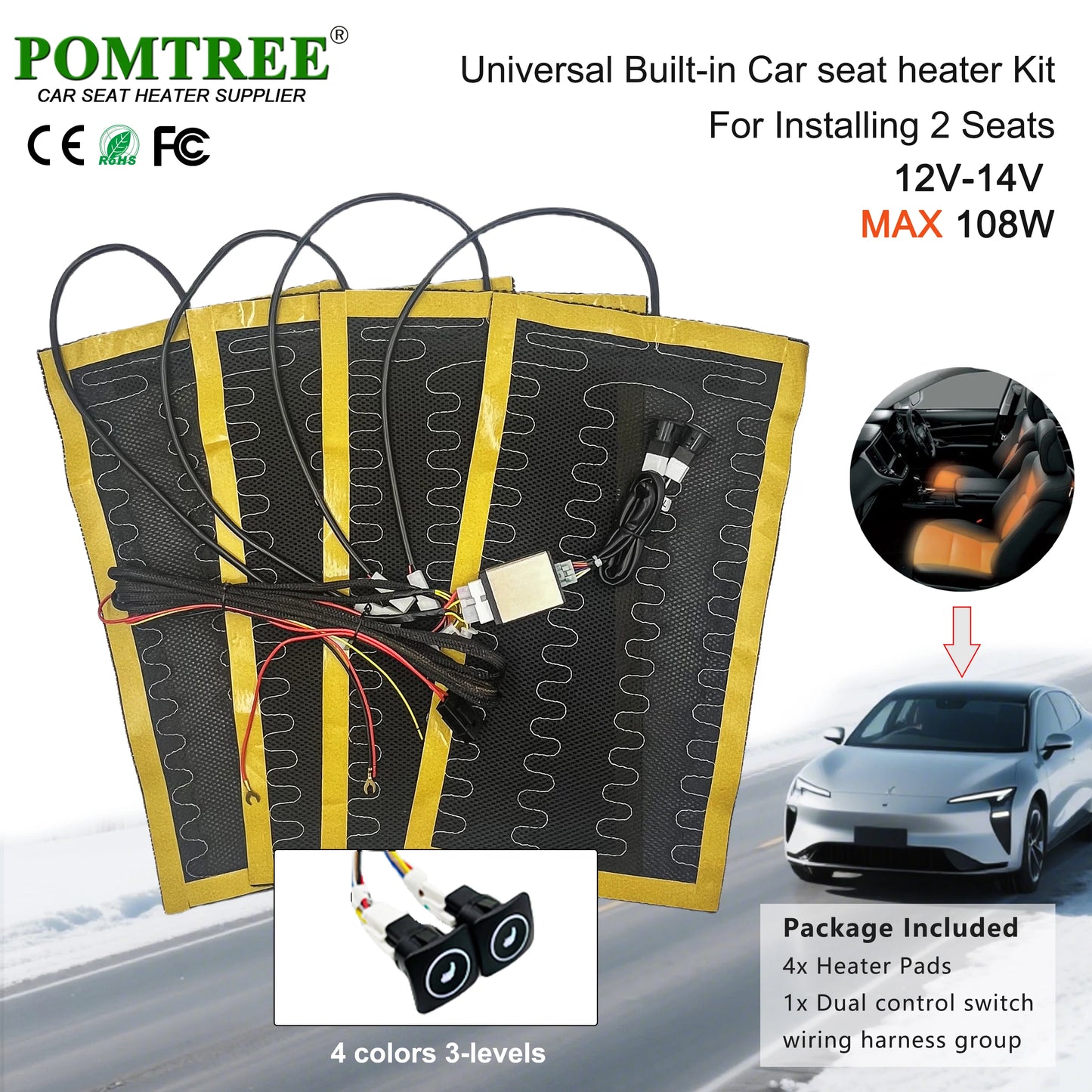 Nouveau Kit de chauffage de siège de voiture intégré adapté aux 1/2 sièges, 12V 2/4 pièces tampons chauffants universels en fil d'alliage 3 niveaux interrupteur chauffant à double commande
