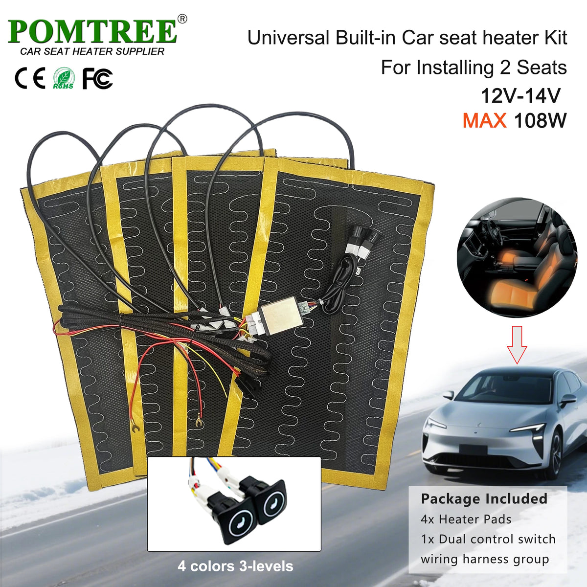 Nouveau Kit de chauffage de siège de voiture intégré adapté aux 1/2 sièges, 12V 2/4 pièces tampons chauffants universels en fil d'alliage 3 niveaux interrupteur chauffant à double commande