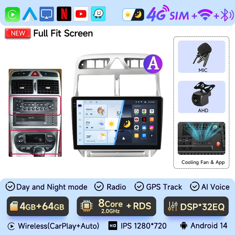 JIUYIN-Autoradio pour KIT 307, 307CC, 307SW, 2002-2013, CarPlay sans fil, Android Auto, systèmes intelligents de voiture, No 2 Din, DVD