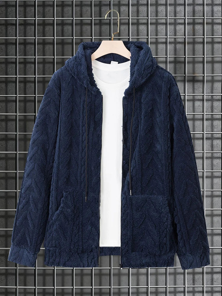 Sweat à capuche en polaire pour homme, vêtements de loisirs quotidiens, mode printemps 2026, couleur unie, veste à capuche en fourrure, cardigan décontracté en tricot ample pour homme