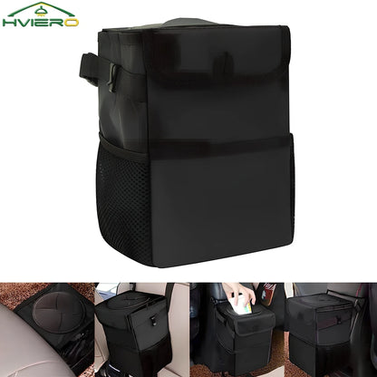 Poubelle avec Couvercle et Poches de Rangement pour Voiture, Étanche, Polyvalente, Noire, 100% Fuite