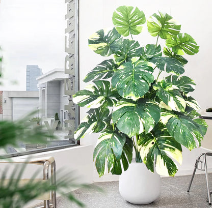 ورقة Monstera اصطناعية بلاستيكية، نبات مزيف للزينة بوعاء، مناسبة لديكور المنزل، 60-100 سم
