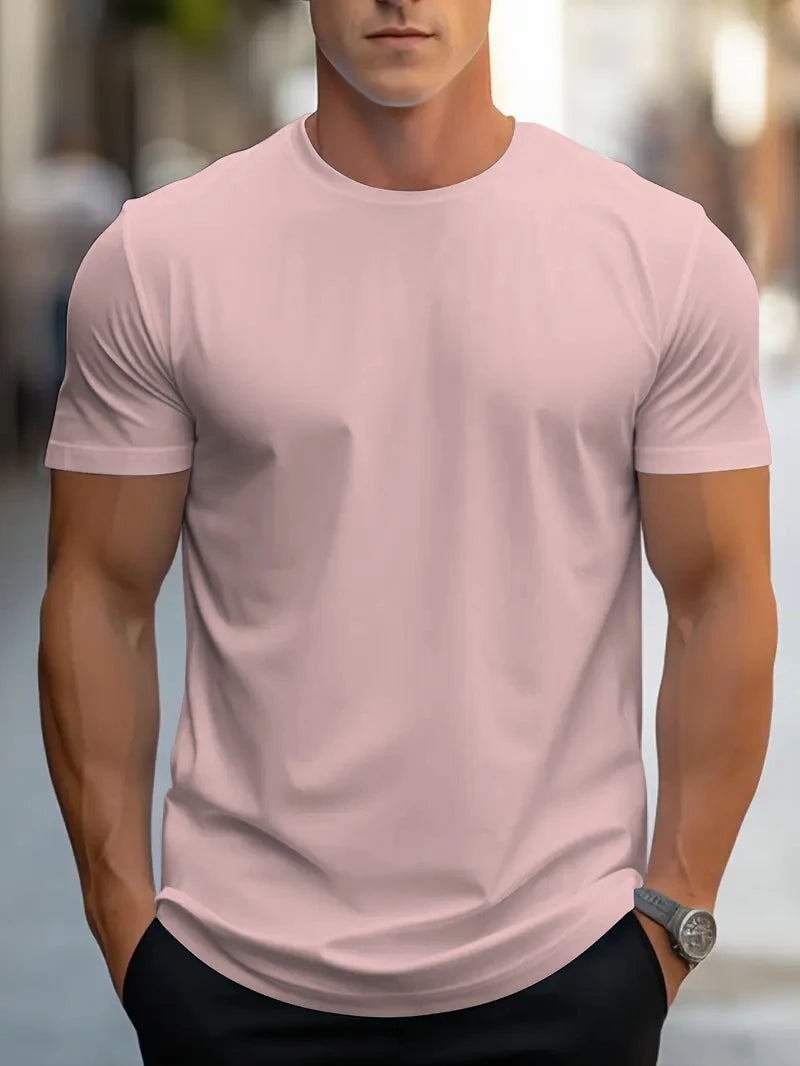 T-shirt d'été à manches courtes et col rond pour hommes, design de couleur unie, à la mode et simple, décontracté, polyvalent au quotidien, tissu doux