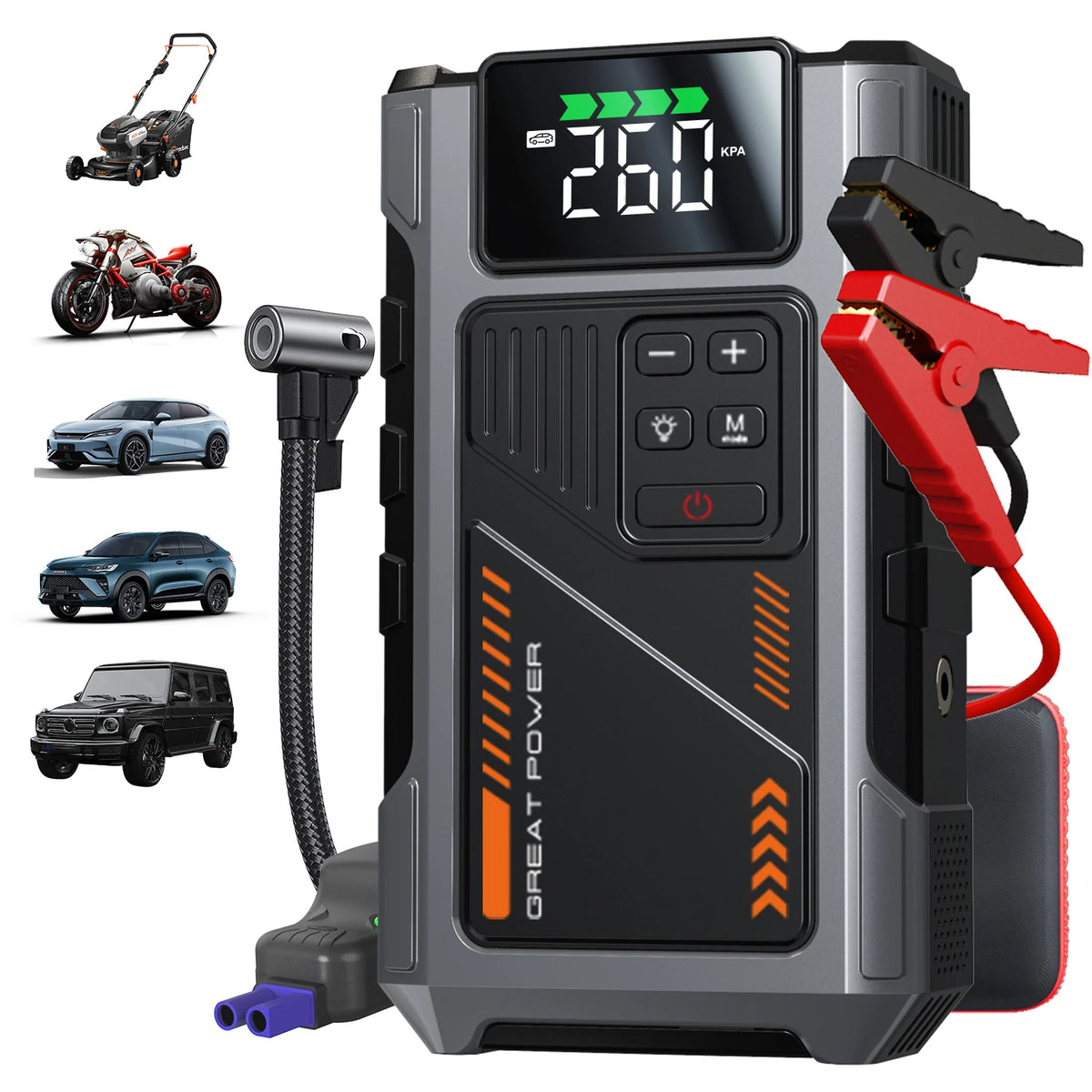 Démarreur de saut de voiture Portable avec compresseur d'air, pointe 3000A (gaz 7,5 L, 6,5 L Diesel), batterie de démarreur de saut avec pneu 150 PSl Inf