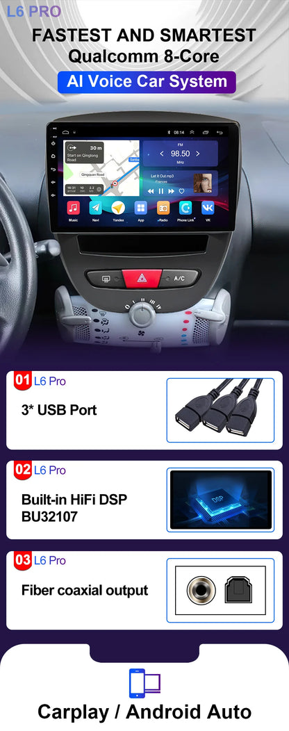 LEHX-Autoradio L6 Pro, Android 14, 2 Din, Stéréo, CarPlay, Limitation de Courant, GPS, pour Voiture KIT 107, Toyota Aygo, Cristaux en C1 (2005-2014)