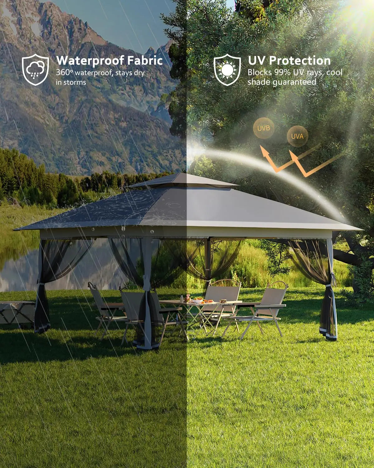 Tente à baldaquin 12x12 pieds, gazebo pop-up à installation rapide avec 4 sacs de sable pour fêtes et barbecues en extérieur, moustiquaire et hauteur réglable - Gris