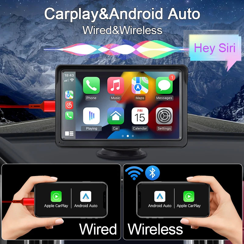 Hippcron-Lecteur vidéo de limitation d'autoradio, Carplay sans fil, Android Auto, écran tactile universel portable, 7 pouces