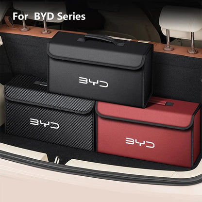 Boîte de rangement de coffre de voiture en cuir pliable en Fiber de carbone pour BYD Atto 3 joint de dauphin Tang Song DMI sac de rangement accessoires d'intérieur