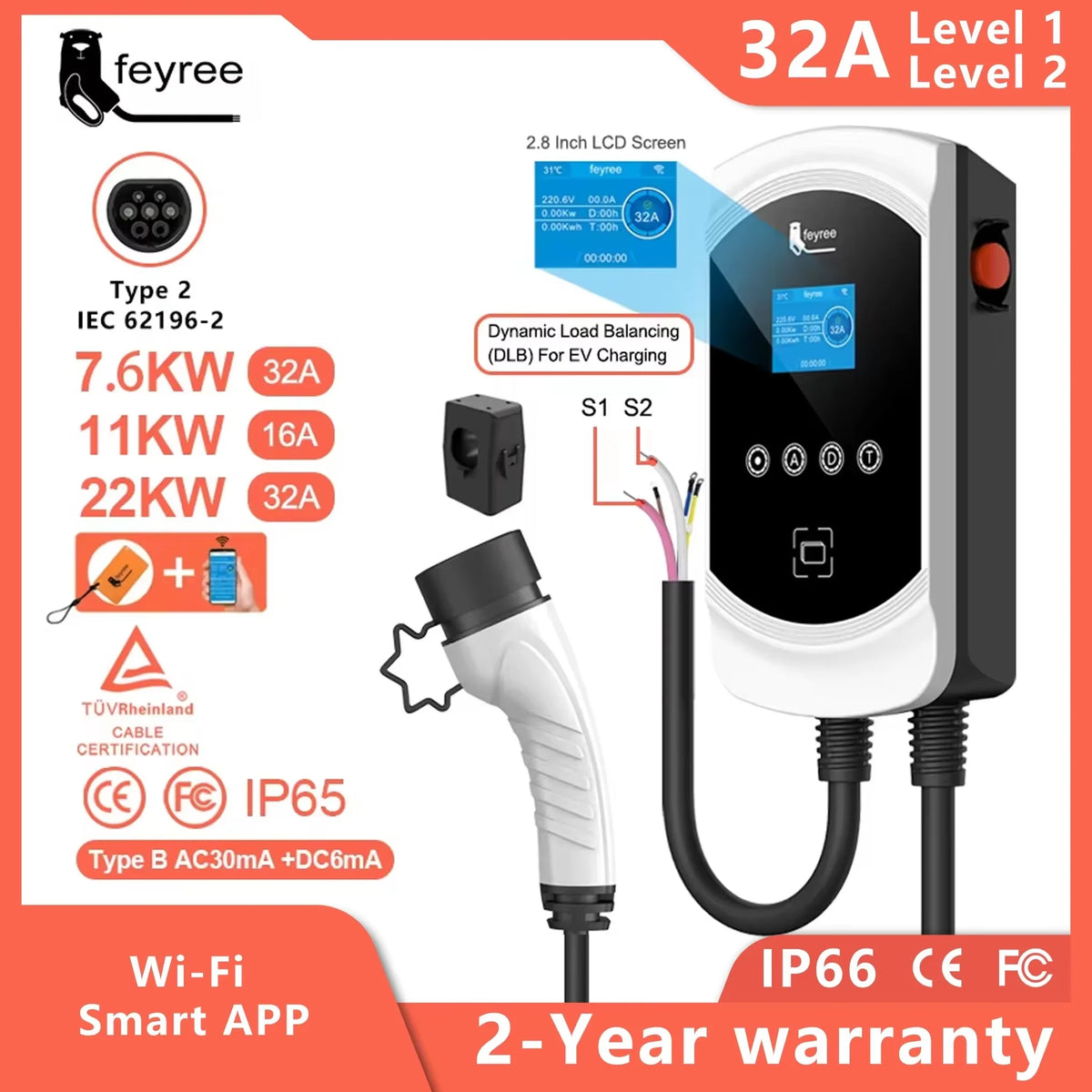 شاحن Feyree EV كابل من النوع 2 32 أمبير 7.6 كيلو واط موازنة شحن ديناميكية EVSE Wallbox وظيفة التطبيق 11 كيلو واط 22 كيلو واط محطة شحن سيارة كهربائية