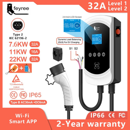 شاحن Feyree EV كابل من النوع 2 32 أمبير 7.6 كيلو واط موازنة شحن ديناميكية EVSE Wallbox وظيفة التطبيق 11 كيلو واط 22 كيلو واط محطة شحن سيارة كهربائية