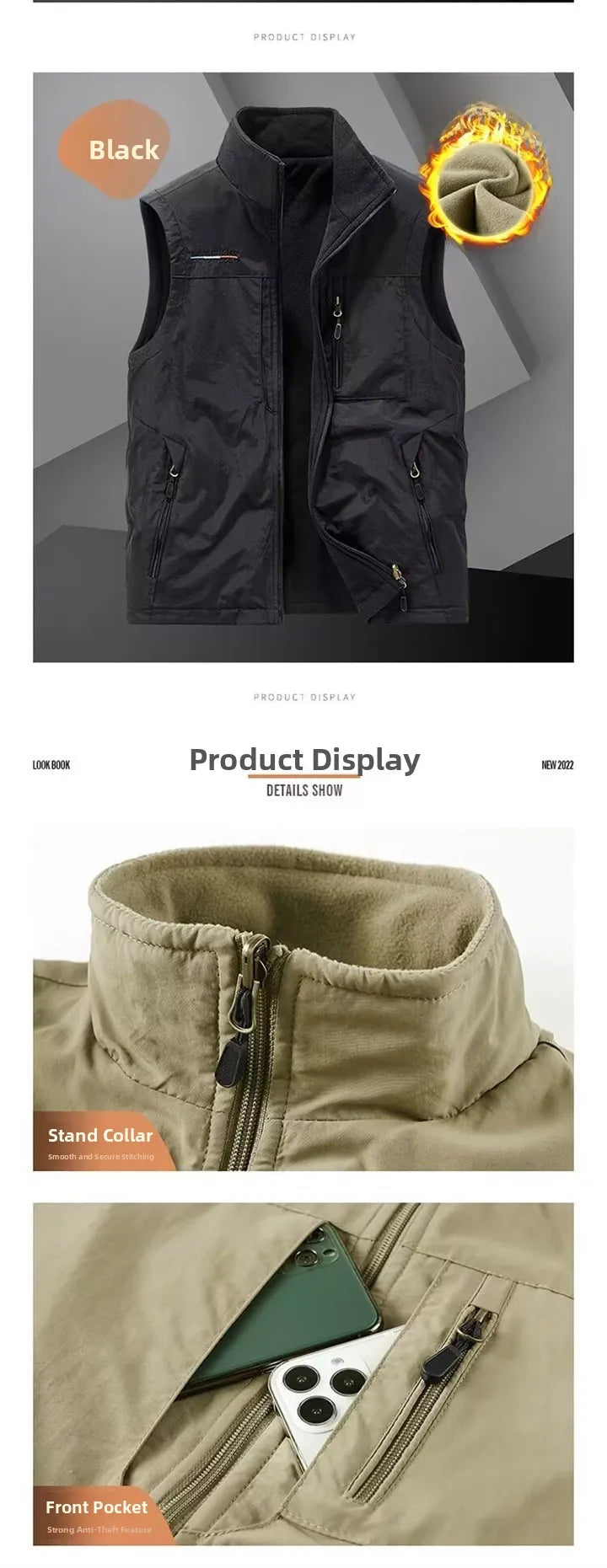 Gilet de sport d'extérieur pour homme, doublé polaire, épais, automne-hiver, décontracté, col montant, grande taille, coupe classique