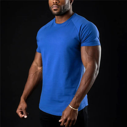 T-shirt de gymnastique uni pour hommes, vêtements de Fitness d'été, col rond, manches courtes, en coton, Slim Fit, musculation, entraînement