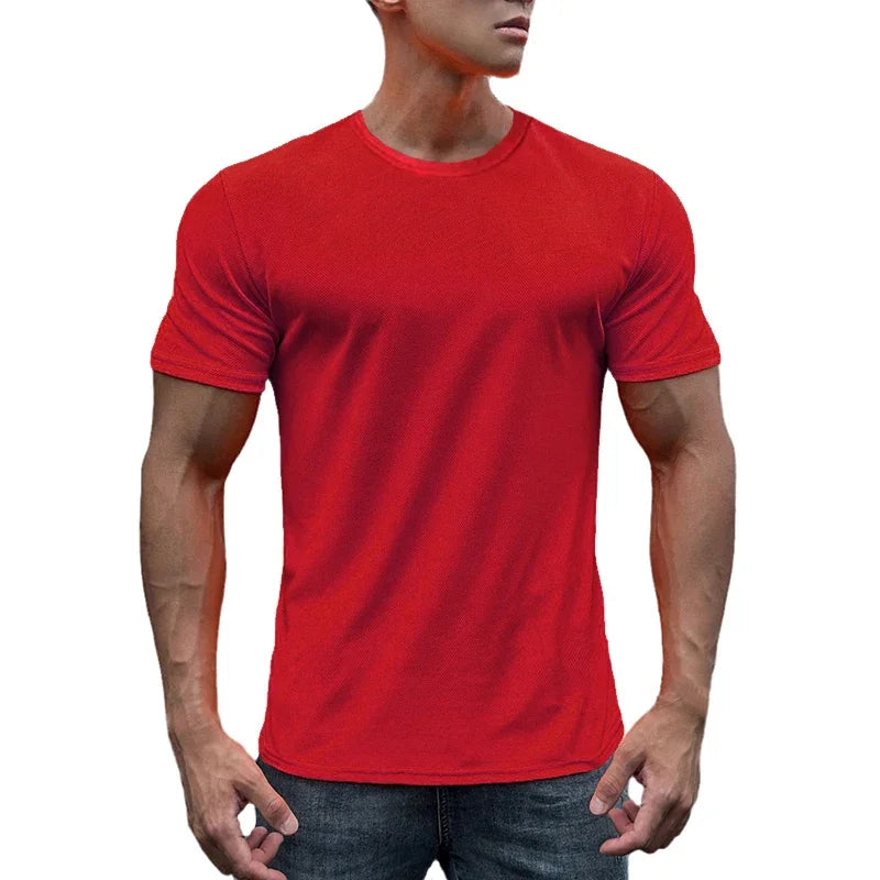T-shirt en maille à manches courtes pour hommes, séchage rapide, uni, respirant, course à pied, gym, fitness, vêtements de sport, entraînement en Y, été
