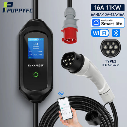 Puppyfc – chargeur EV Portable Type 2, 11kw, 16a, 3 phases, EVSE, charge rapide, prise CEE, WiFi, Bluetooth, télécommande