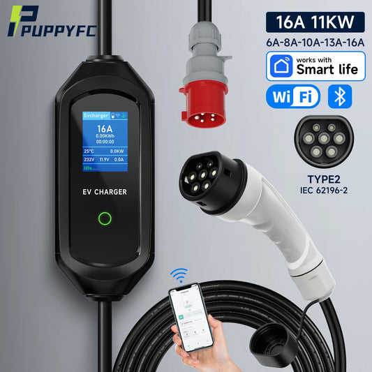 Puppyfc – chargeur EV Portable Type 2, 11kw, 16a, 3 phases, EVSE, charge rapide, prise CEE, WiFi, Bluetooth, télécommande