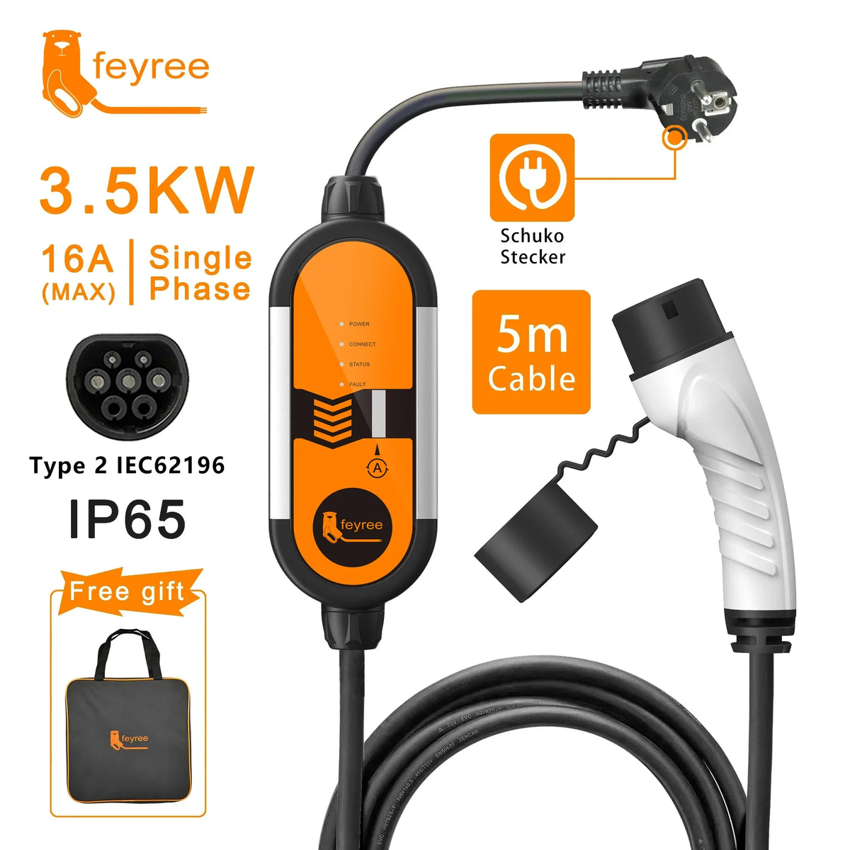 Fey123 Vope2-Chargeur de voiture électrique portable, câble de charge EVSE avec prise Schuko, courant réglable, 16A, 3,5 KW, 5m