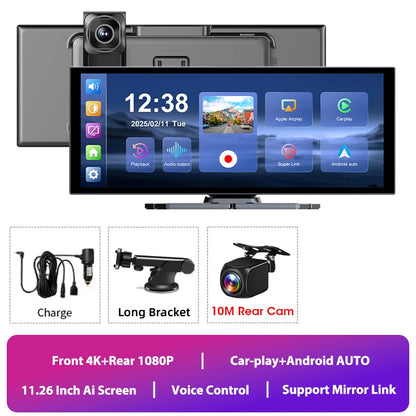 Jansite Portable 11.26 pouces 4K DVR sans fil CarPlay et Android Auto Dash Cam écran de voiture enregistreur vidéo 5G WIFI Navigation