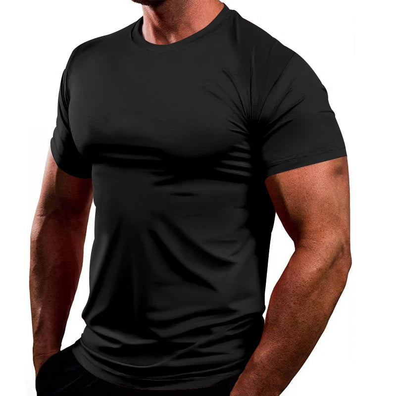 T-shirt slim respirant à séchage rapide pour homme, style Europe et États-Unis, haut de fitness, vêtements de sport, document solide, été, nouveau, 2024