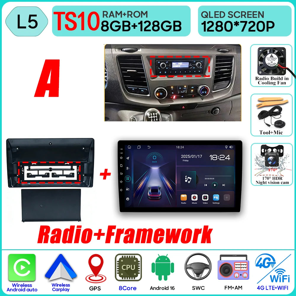 Autoradio Android 16 pour Ford Transit personnalisé Transit V363 350 lecteur multimédia Carplay Navigation GPS 4G Wifi vidéo stéréo 2din