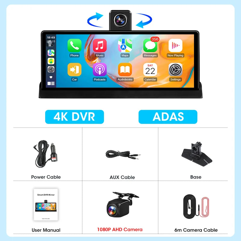 10.26 ''4K ADAS Dashcam voiture DVR Android Auto Carplay écran automobile système Intelligent enregistreur vidéo moniteur caméra de recul