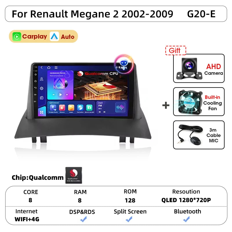 Android Carplay Auto pour Renault Megane 2 2002 2003 2004 2005 2006 2007 2008 2009 lecteur d'autoradio multimédia WIFI + 4G stéréo