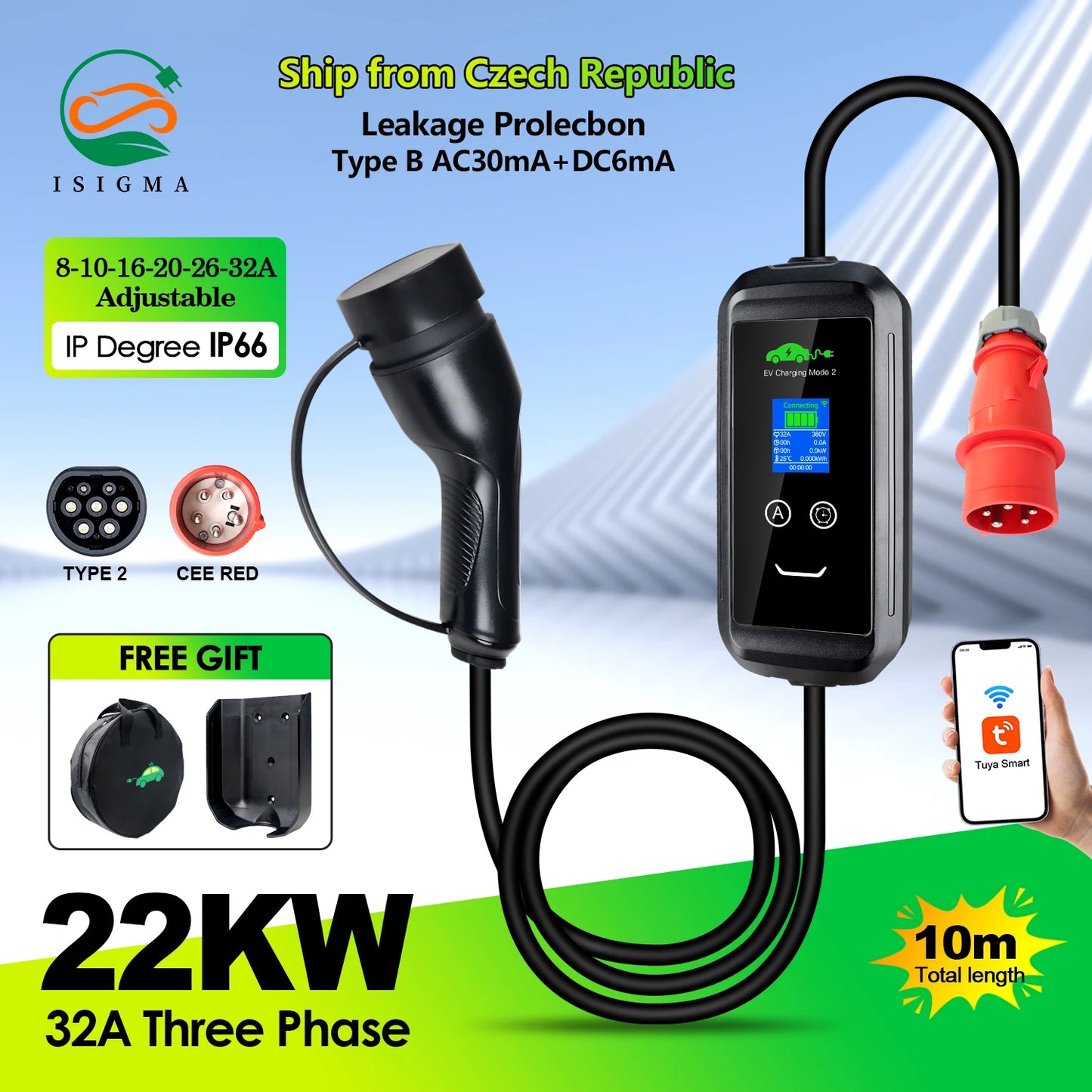 ISIGMA chargeur EV Portable 32A 22kw Type2 IEC62196-2 Tuya APP EVSE charge 10M câble Type2 prise boîte murale pour voiture électrique