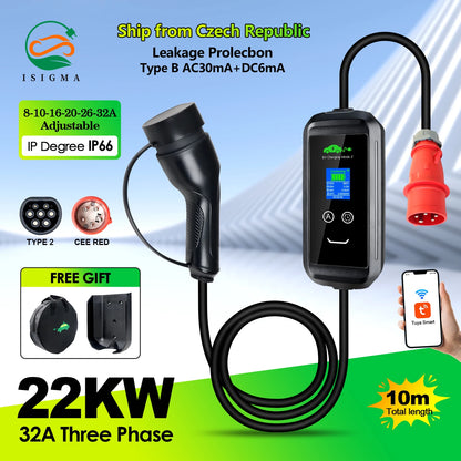 ISIGMA chargeur EV Portable 32A 22kw Type2 IEC62196-2 Tuya APP EVSE charge 10M câble Type2 prise boîte murale pour voiture électrique