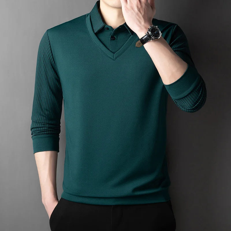 Polo à manches longues pour hommes, décontracté et à la mode, couleur unie, faux deux pièces, Business, toutes saisons, haut polyvalent, nouvelle collection 2025