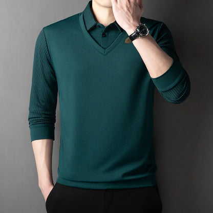Polo à manches longues pour hommes, décontracté et à la mode, couleur unie, faux deux pièces, Business, toutes saisons, haut polyvalent, nouvelle collection 2025