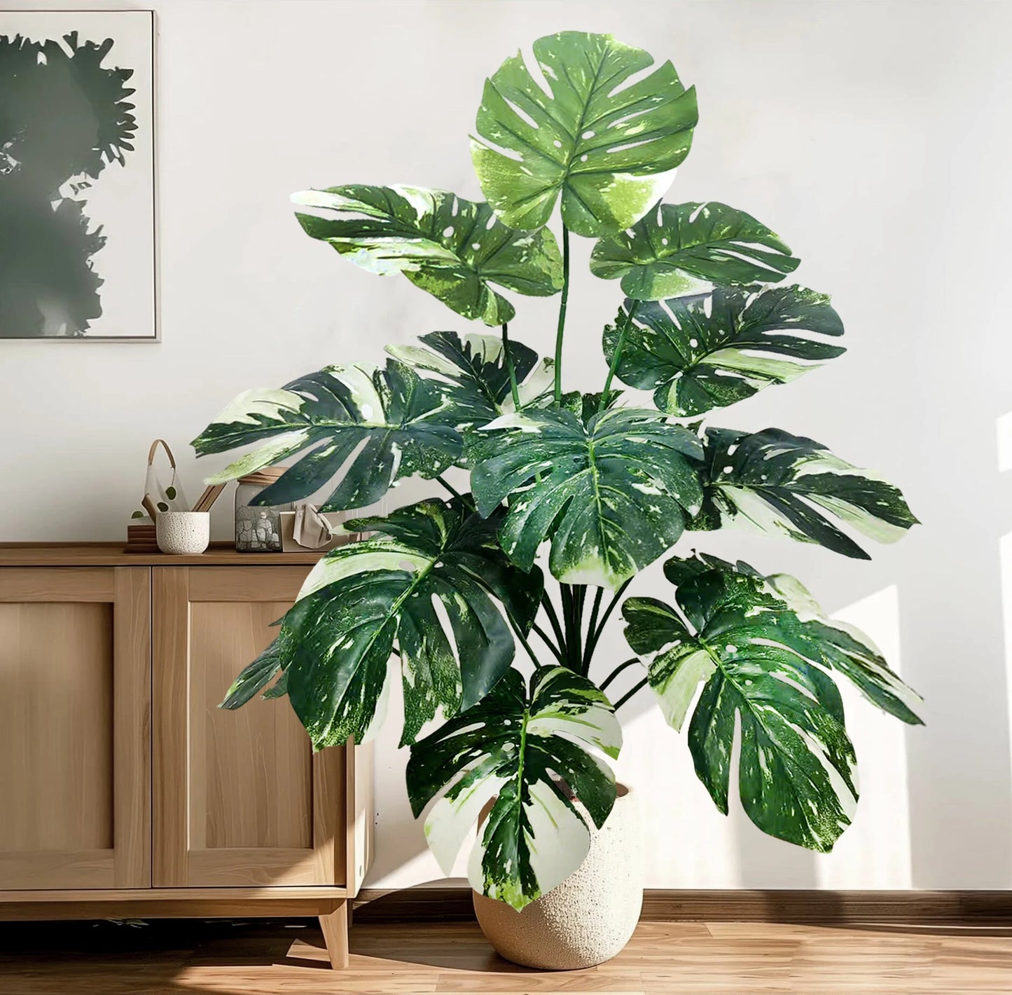 ورقة Monstera اصطناعية بلاستيكية، نبات مزيف للزينة بوعاء، مناسبة لديكور المنزل، 60-100 سم