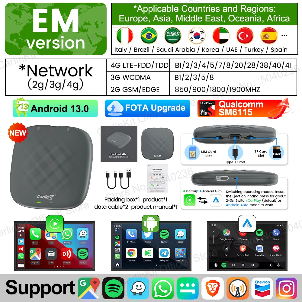 CarlinKit-Smart CarPlay Ai Box, Android 13, prend en charge Netflix, écran partagé prometteur, sans fil, Auto et CarPlay, Smart TV Box, 2026