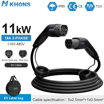 Khons Type2 à Type2 Ev câble de charge 3 phases 16A prise femelle à mâle 5M câble 11kw IEC62196-2 EVES Stations de charge
