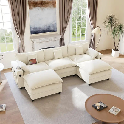 Canapé modulaire 116 sections, canapé nuage en forme de U avec ottoman mobile, canapé nuage en chenille à assise profonde avec station de charge, porte-gobelets