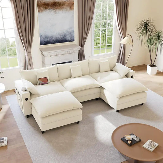Canapé modulaire 116 sections, canapé nuage en forme de U avec ottoman mobile, canapé nuage en chenille à assise profonde avec station de charge, porte-gobelets