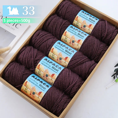 500g contient 5 écheveaux de fil de laine d'alpaga épais, 245 aiguilles, fil à tricoter, fil de matériel de bricolage pour pulls à tricoter, fil pour la fabrication de pulls en laine, grands manteaux, châles, chapeaux,