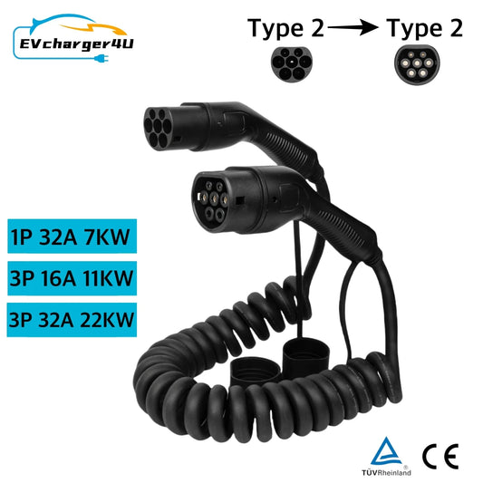 EVcharger4U Type 2 EV câble de chargement spirale 1 phase 32A 7KW 7M, 3 phases 22KW 5M Mode 3 cordon de chargeur enroulé pour voiture électrique CE TUV