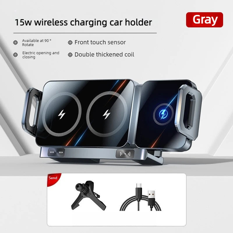 Support de téléphone de voiture pliable à double bobine universel, chargeur sans fil, charge rapide, support pour Samsung, iPhone, Xiaomi, accessoires automobiles